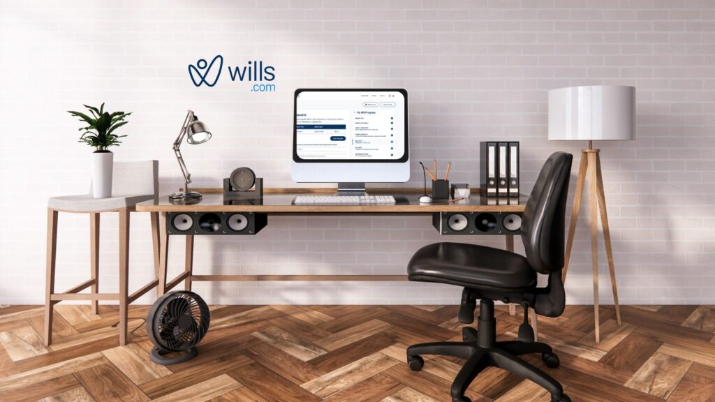 office, chair computer and a wills.com logo